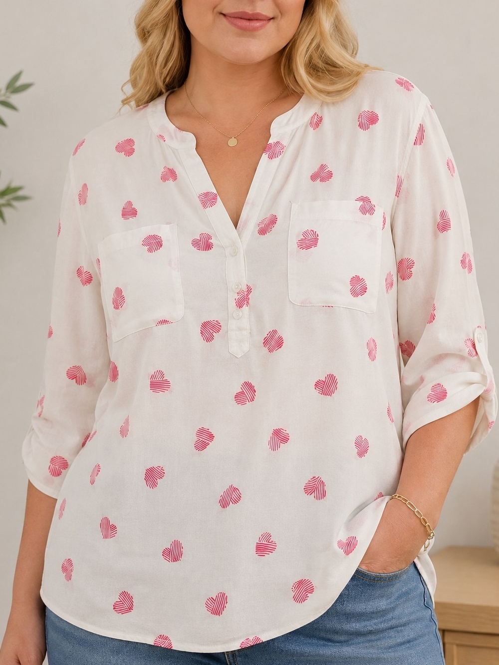 Torrid Harper Heart Print Pullover Blouse Ivory Pink Size 2 2X NWT